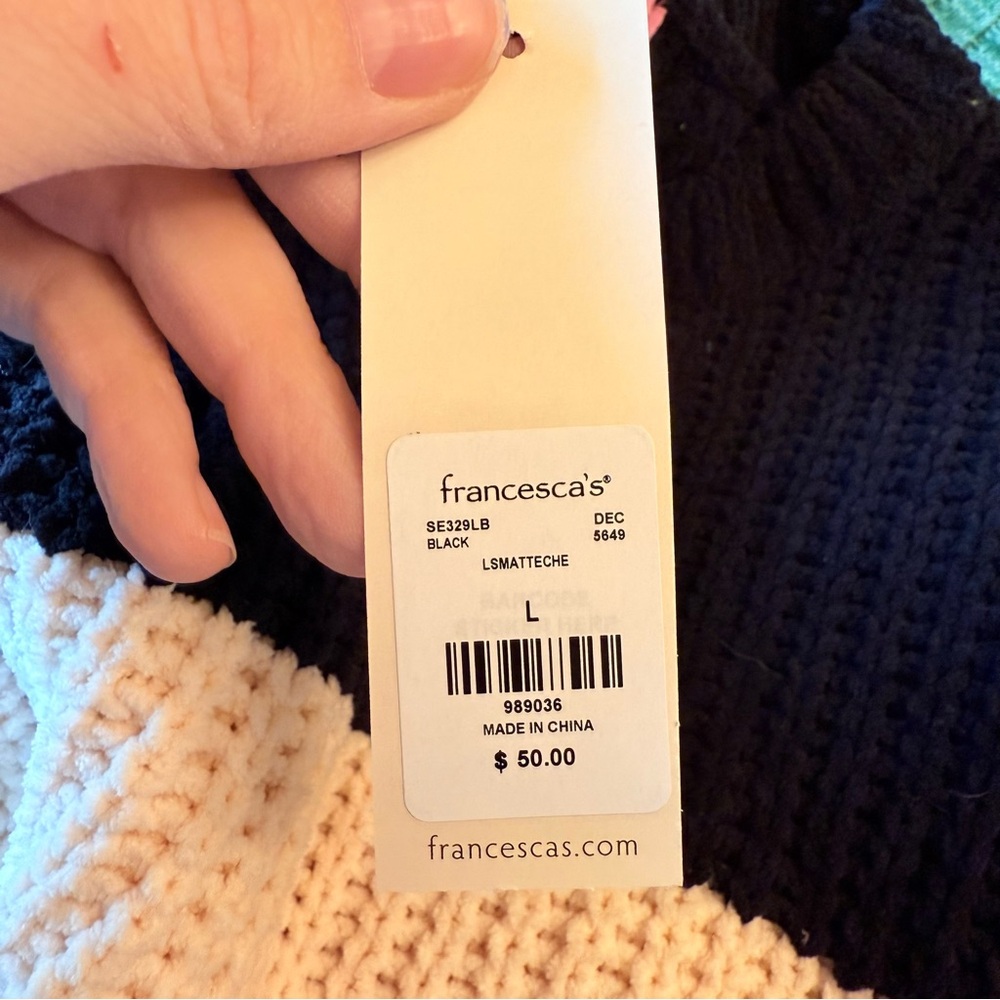 Francesca's Collections Black Crew Neck Sweater with Stripes - Picture 4 of 4
